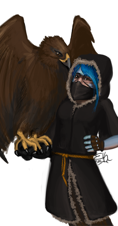 Illustration of a nagualdl in cold weather clothing with an eagle on his arm.