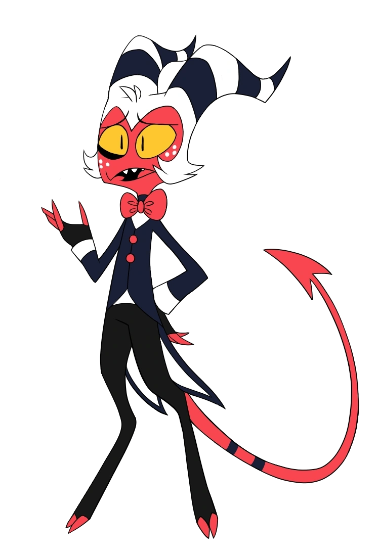 A short demon with red skin, white hair, black and white horns wearing a suit and bowtie.