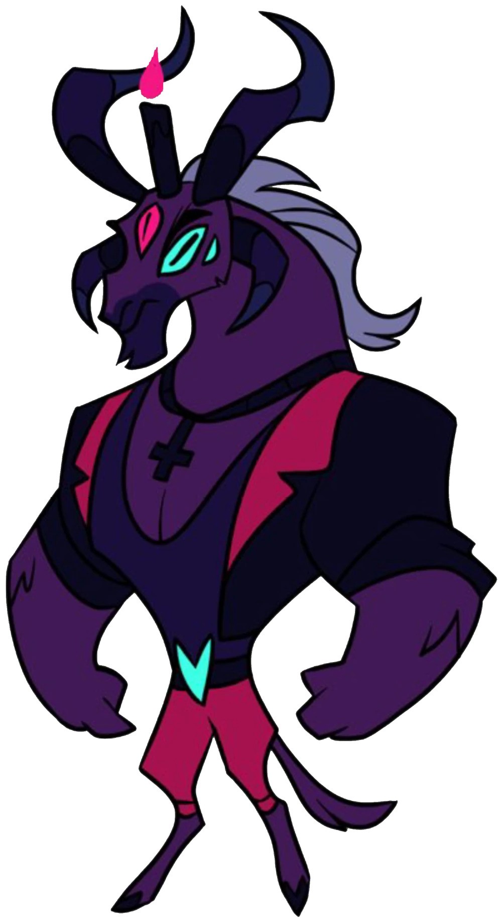 A purple goat demon wearing a purple and pink suit.